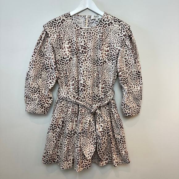 Sea New York Calla Belted Tunic Dress Mini Cheetah Leopard Long Sleeve Brown 4 - Picture 3 of 12